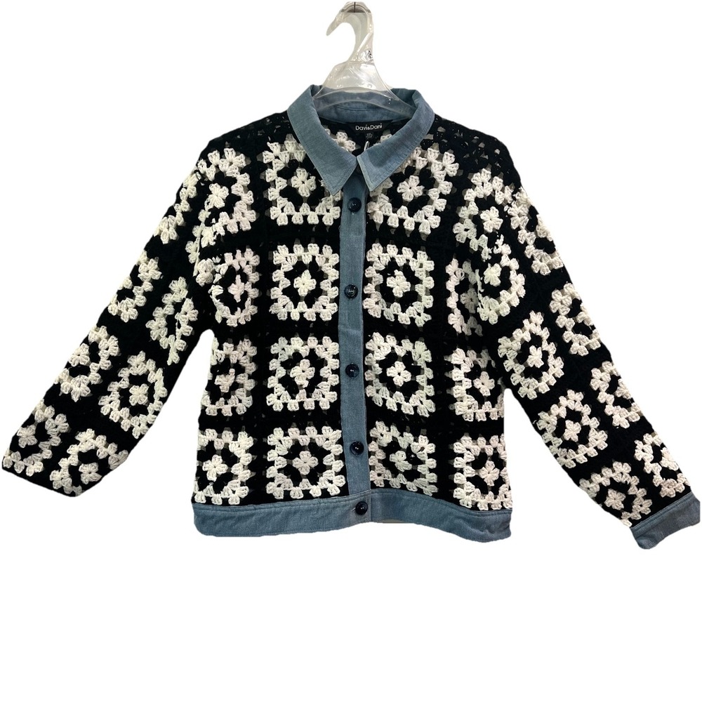 Davi & Dani Knit Cardigan Sweater Women 1x Black White Check Granny Square Jean